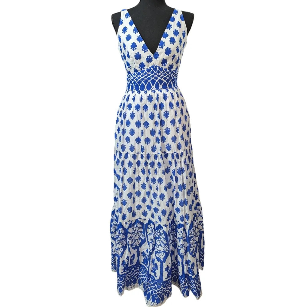 J Crew Santorini Blue White Tile Print Cotton Maxi Dress Size 00 - Picture 2 of 16